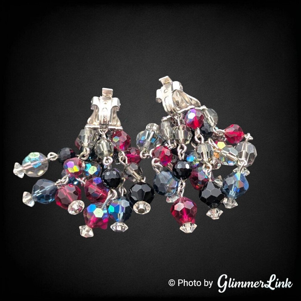 VTG 50s LAGUNA Multicolor Cha Cha Beaded Cluster Silver Tone  Clip On Earrings - Picture 9 of 10